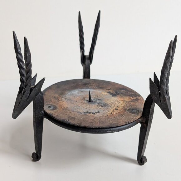 Vtg Hand Forged Wrought Iron Antelope Gazelle Heads Tripod Candle Holder - Picture 1 of 8